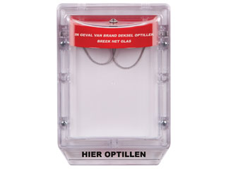 STI STI1200/R/NL STI1200 couvercle pour alertes Stopper II en couleur rouge pour bouton poussoir encastrer avec texte en Néerlandais .