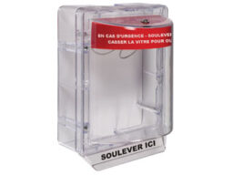 STI STI1230/R/FR STI couvercle pour alertes Stopper II en couleur rouge pour bouton poussoir apparent avec texte en Français .