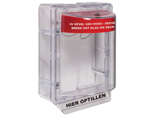 STI STI1130/R/NL STI Stopper II en couleur rouge pour bouton poussoir apparent avec texte en Néerlandais et sirène.
