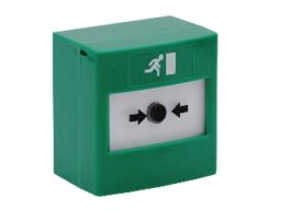 STI STI-RP-GS2-11-RM Bouton poussoir vert avec contact bipolaire. y compris plaque de montage mural. Avec le logo de l'homme en cours d'exécution